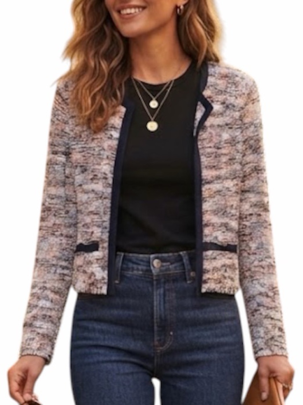 RW&CO Open Front Tweed Jacket Confetti Ivory Navy Small Quiet Luxury